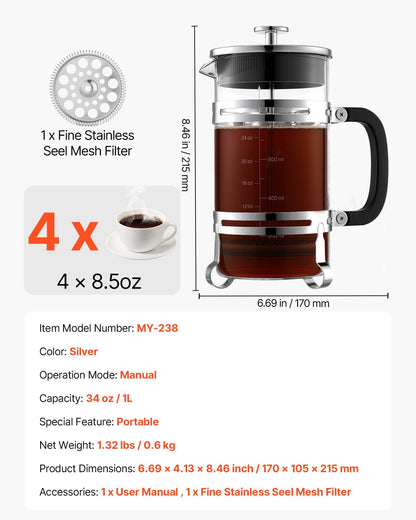 French-Press-Kaffeebereiter, 1 Liter, Borosilikatglas, mit Edelstahlfilter, große French Presse aus Glas für Cold Brew, ideal für Camping, Reisen, Zuhause und Küche, Silber