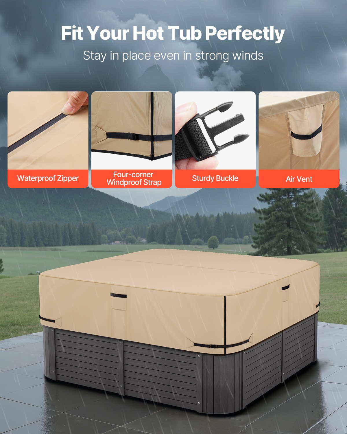Outdoor Hot Tub Cover, 85x85x20in/2160x2160x508mm Weatherproof & Waterproof Hot Tub Cover Protector, 600D Heavy Duty Oxford Fabric and 950N Tearing Strength, Square Spa Covers for Hottub, Brown