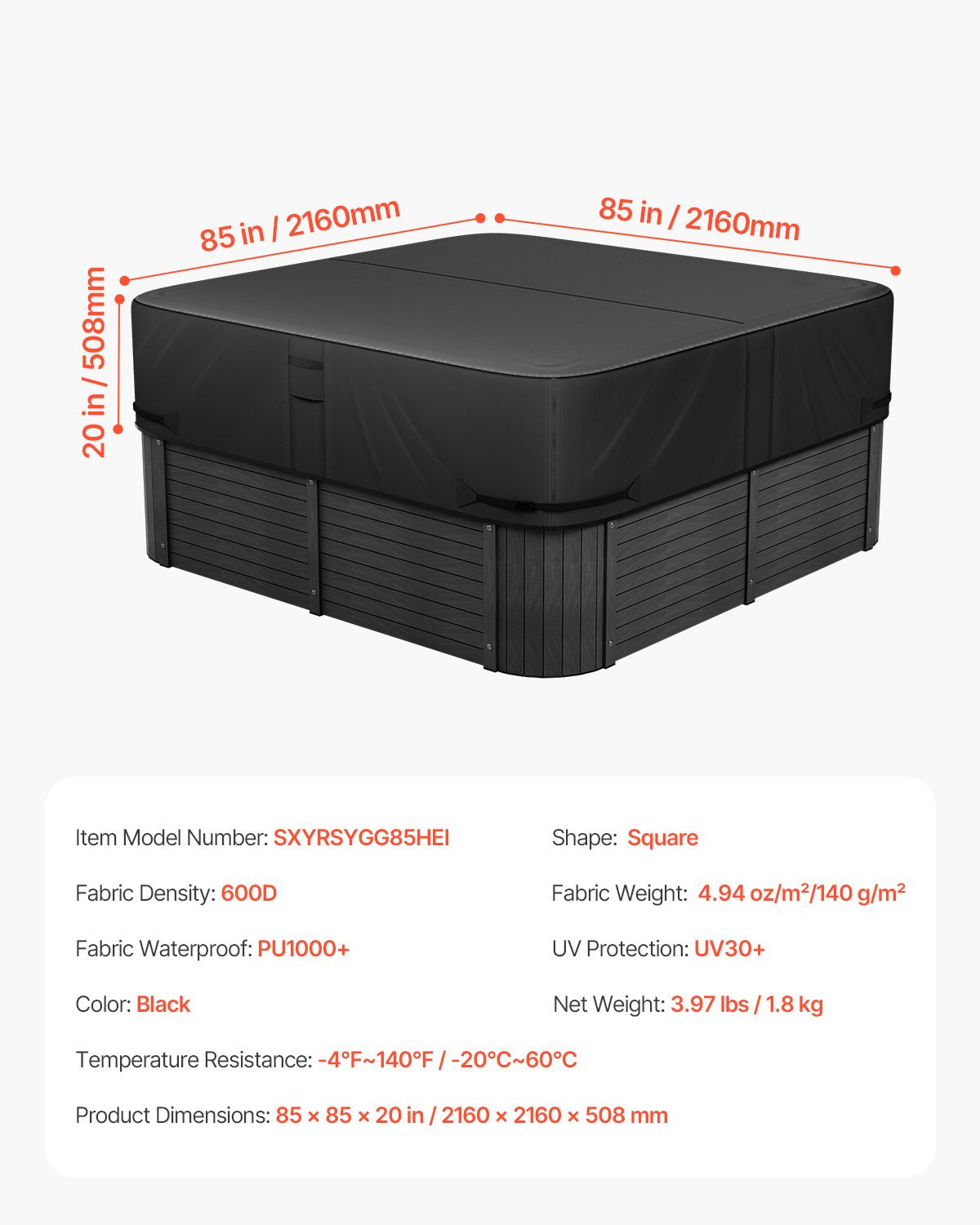 Outdoor-Whirlpoolabdeckung, 2160 x 2160 x 508 mm (85 x 85 x 20 Zoll), wetter- und wasserdicht, aus robustem 600D Oxford-Gewebe mit einer Reißfestigkeit von 950 N, quadratische Whirlpoolabdeckung, schwarz