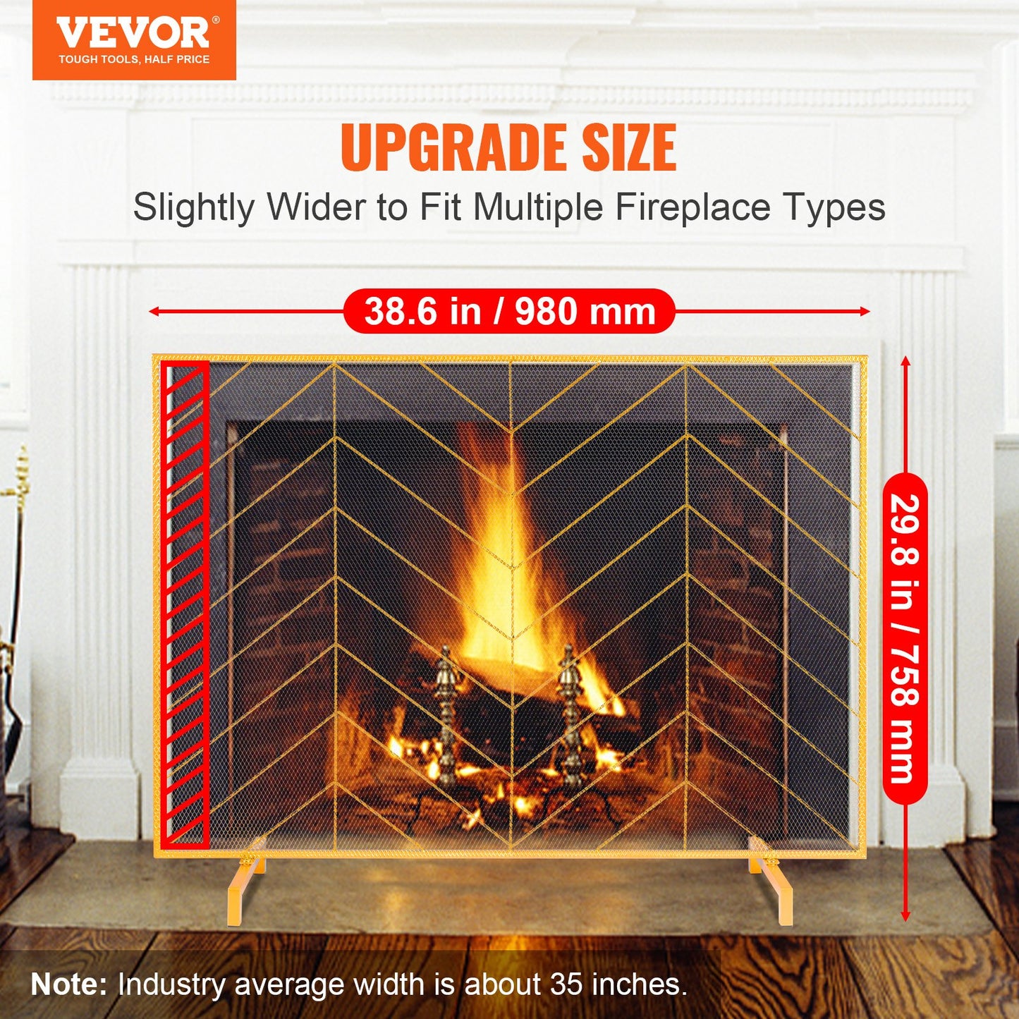 Fireplace Screen Single Panel, Sturdy Iron Mesh Fireplace Screen, 980(L) x758(H)MM Spark Guard Cover, Simple Installation, Free Standing Fire Fence Grate for Living Room Home Decor Modern