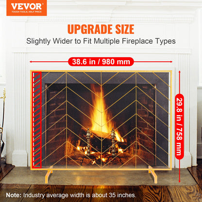 Fireplace Screen Single Panel, Sturdy Iron Mesh Fireplace Screen, 980(L) x758(H)MM Spark Guard Cover, Simple Installation, Free Standing Fire Fence Grate for Living Room Home Decor Modern