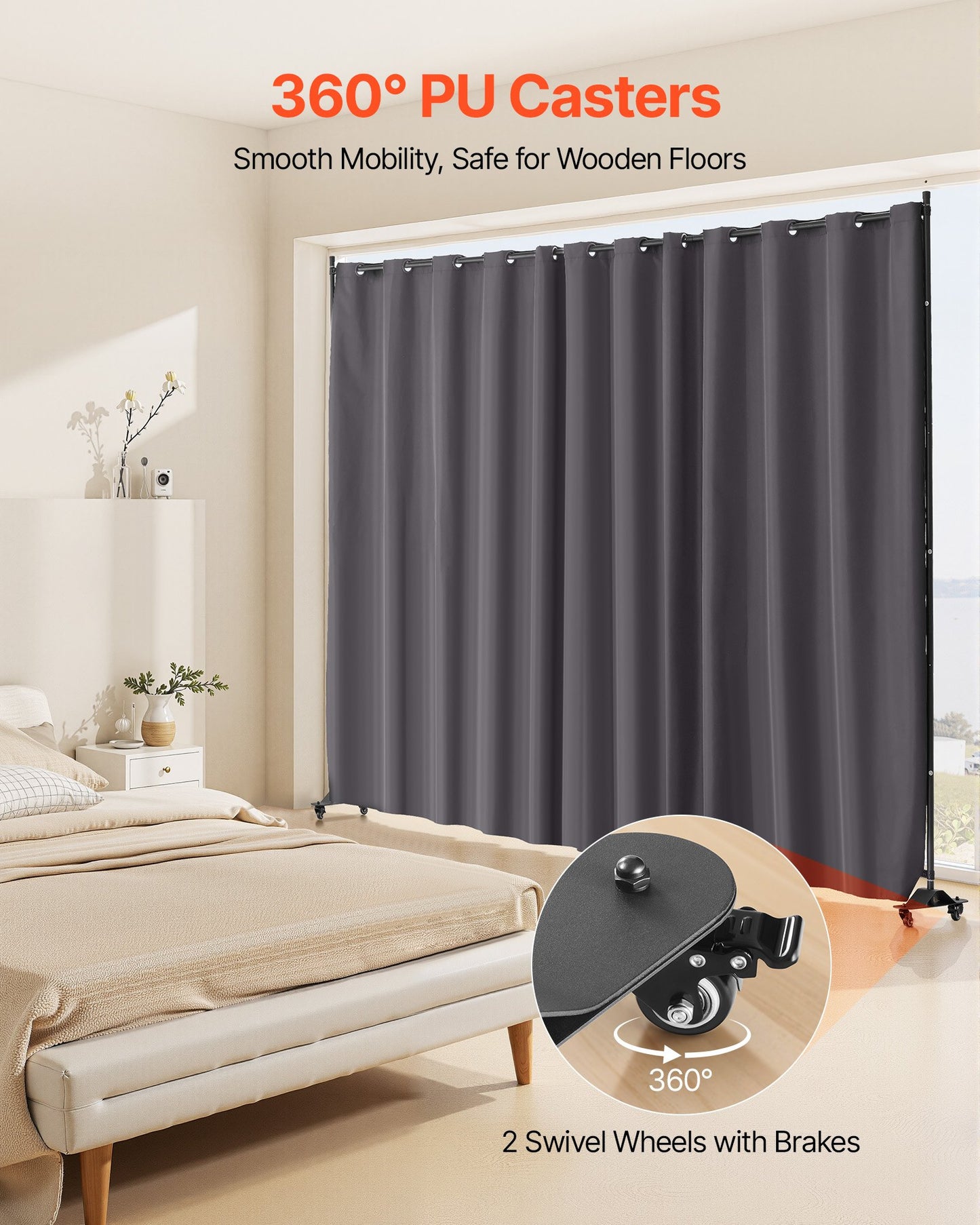 Room Divider, Portable Panel Room Divider with Wheels Curtain Divider Stand, Freestanding Room Divider Privacy Screen for Office, Bedroom, Dining Room, Study, Gray