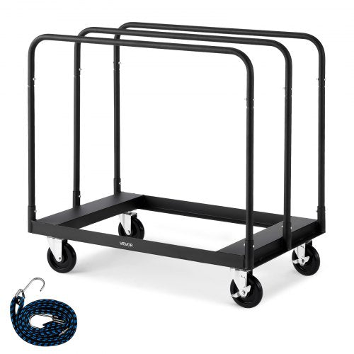 Drywall Cart Dolly, 816 kg Load Capacity, Steel Panel Truck Cart with 12.5 mm Swivel Casters, Lumber Drywall Dolly with with Tie-Down Strap & 3 Side Handrails for Factory, Warehouse, Garage, Black