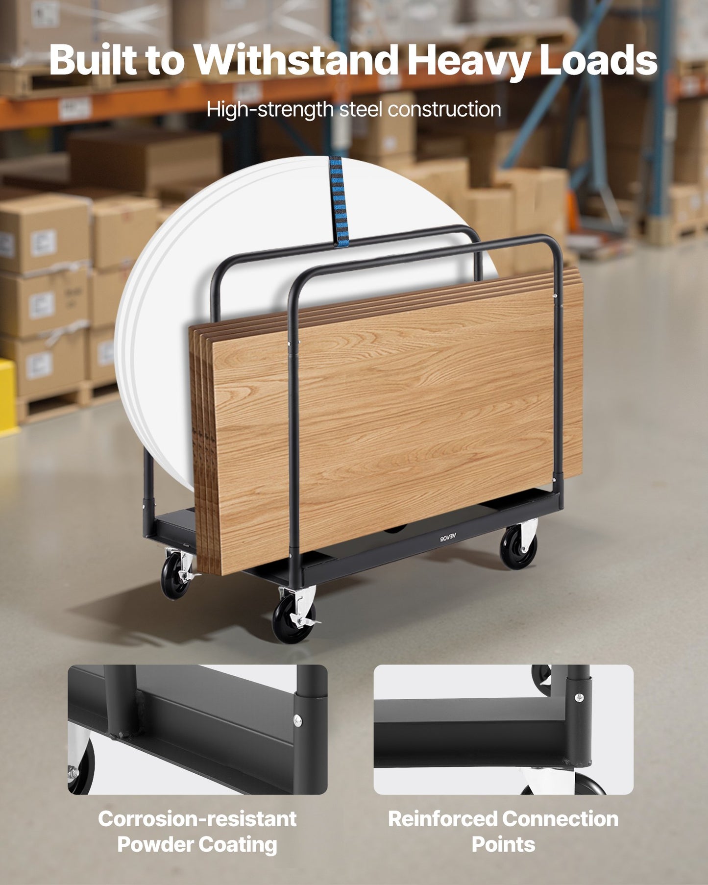 Drywall Cart Dolly, 816 kg Load Capacity, Steel Panel Truck Cart with 12.5 mm Swivel Casters, Lumber Drywall Dolly with with Tie-Down Strap & 3 Side Handrails for Factory, Warehouse, Garage, Black