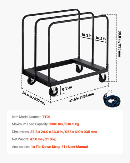 Drywall Cart Dolly, 816 kg Load Capacity, Steel Panel Truck Cart with 12.5 mm Swivel Casters, Lumber Drywall Dolly with with Tie-Down Strap & 3 Side Handrails for Factory, Warehouse, Garage, Black