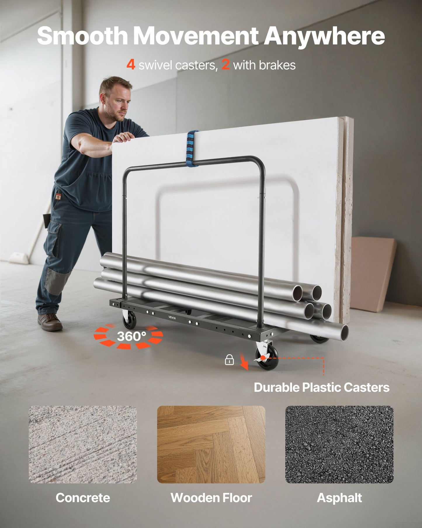 Drywall Cart Dolly, 816 kg Load Capacity, Steel Panel Truck Cart with 12.5 mm Swivel Casters, Lumber Drywall Dolly with Tie-Down Strap & 2 Side Handrails for Factory, Warehouse, Garage, Black