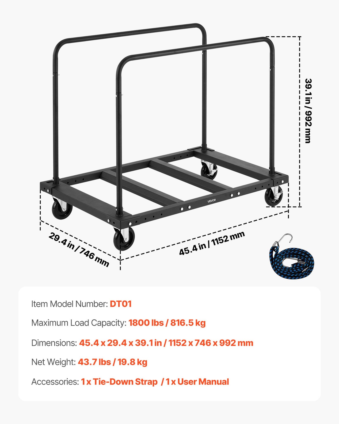 Drywall Cart Dolly, 816 kg Load Capacity, Steel Panel Truck Cart with 12.5 mm Swivel Casters, Lumber Drywall Dolly with Tie-Down Strap & 2 Side Handrails for Factory, Warehouse, Garage, Black