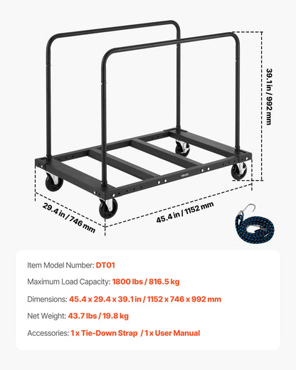 Drywall Cart Dolly, 816 kg Load Capacity, Steel Panel Truck Cart with 12.5 mm Swivel Casters, Lumber Drywall Dolly with Tie-Down Strap & 2 Side Handrails for Factory, Warehouse, Garage, Black