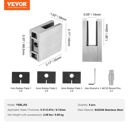 Glass Clamp, 4 PCS Square Glass Railing Bracket for 0.31 "-0.47 " Tempered Glass, 304 Stainless Steel Glass Mounting Clamp, Glass Shelf Bracket for Balcony, Garden, Pool, Stair, Silver