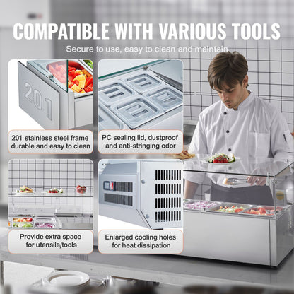 Gekühlte Gewürzstation, 150 W, Tischgerät, mit 3 1/3 und 4 1/6 Behältern, Gehäuse aus Edelstahl 304 und Deckel aus Polycarbonat, Sandwich-Vorbereitungstisch mit Glasabdeckung, CE-zertifiziert