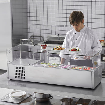 Gekühlte Gewürzstation, 150 W, Tischgerät, mit 3 1/3 und 4 1/6 Behältern, Gehäuse aus Edelstahl 304 und Deckel aus Polycarbonat, Sandwich-Vorbereitungstisch mit Glasabdeckung, CE-zertifiziert