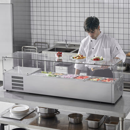 Gekühlte Gewürzstation, 155 W, Tischgerät, mit 4 1/3- und 4 1/6-Behältern, Gehäuse aus Edelstahl 304 und Deckel aus Polycarbonat, Sandwich-Vorbereitungstisch mit Glasabdeckung, CE-zertifiziert
