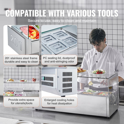 Gekühlte Gewürzstation, 140 W, Tischgerät, mit 1 1/3- und 4 1/6-Behältern, Gehäuse aus Edelstahl 304 und Deckel aus Polycarbonat, Sandwich-Vorbereitungstisch mit Glasabdeckung, CE-zertifiziert