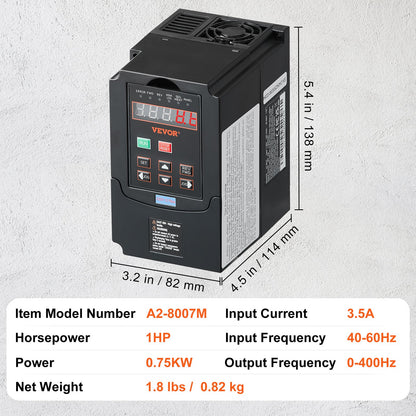 VFD 1HP, 0.75KW, 3.5A, 1 or 3 Phase 220V Input to 3 Phase 220V Output Variable Frequency Drive, 40-60Hz Input, 0-400Hz Output VFD for Spindle Motor CNC Speed Control