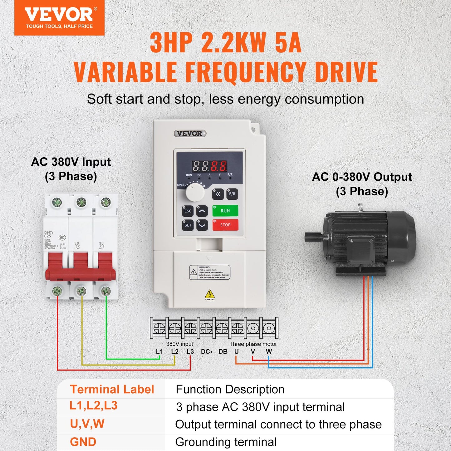Frequenzumrichter (VFD) 3 PS, 2,2 kW, 5 A, 3-phasiger Wechselstromeingang 380 V auf 3-phasigen Wechselstromausgang 0–380 V, 50/60 Hz Eingang, 0–2000 Hz Ausgang, zur Drehzahlregelung von Spindelmotoren