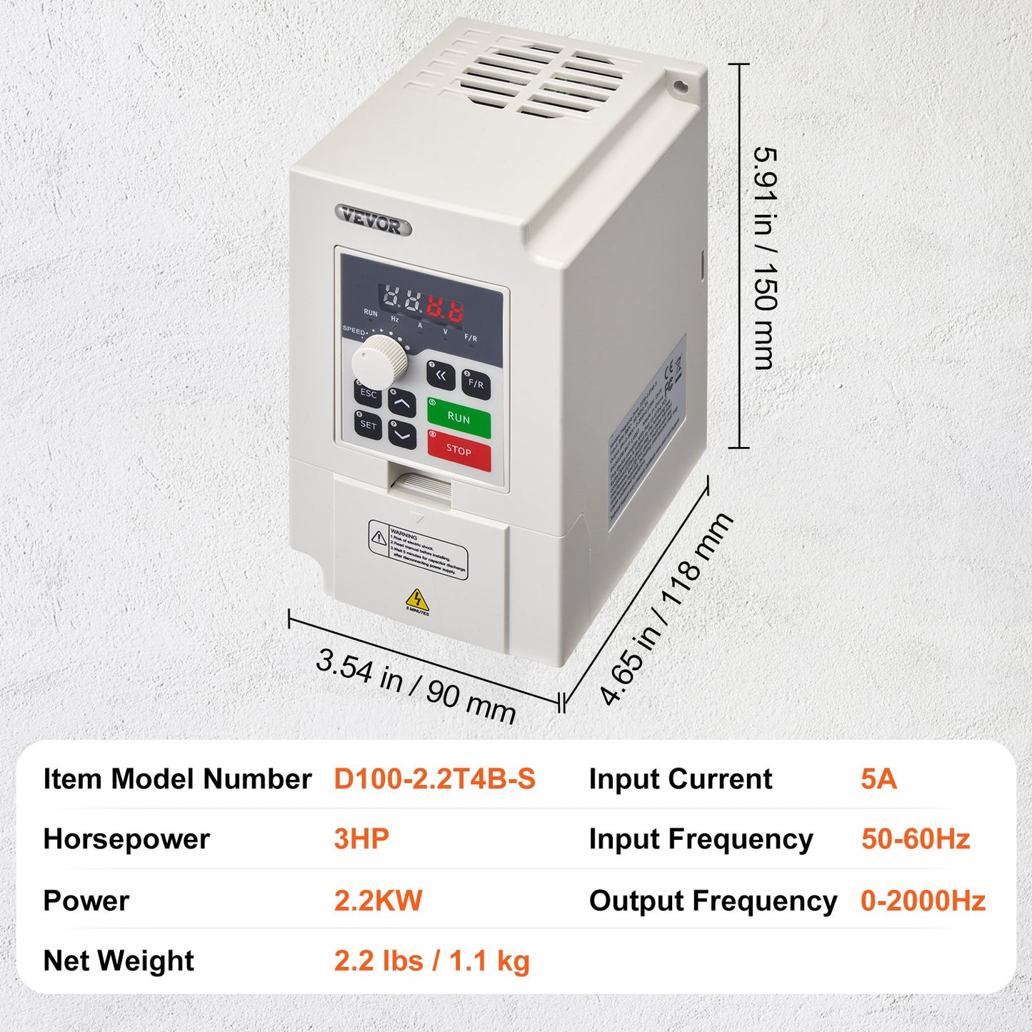 Frequenzumrichter (VFD) 3 PS, 2,2 kW, 5 A, 3-phasiger Wechselstromeingang 380 V auf 3-phasigen Wechselstromausgang 0–380 V, 50/60 Hz Eingang, 0–2000 Hz Ausgang, zur Drehzahlregelung von Spindelmotoren