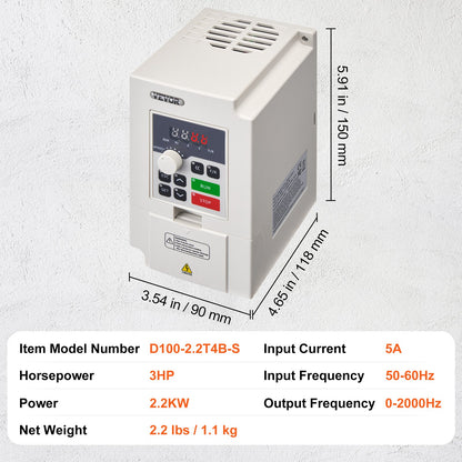 Frequenzumrichter (VFD) 3 PS, 2,2 kW, 5 A, 3-phasiger Wechselstromeingang 380 V auf 3-phasigen Wechselstromausgang 0–380 V, 50/60 Hz Eingang, 0–2000 Hz Ausgang, zur Drehzahlregelung von Spindelmotoren