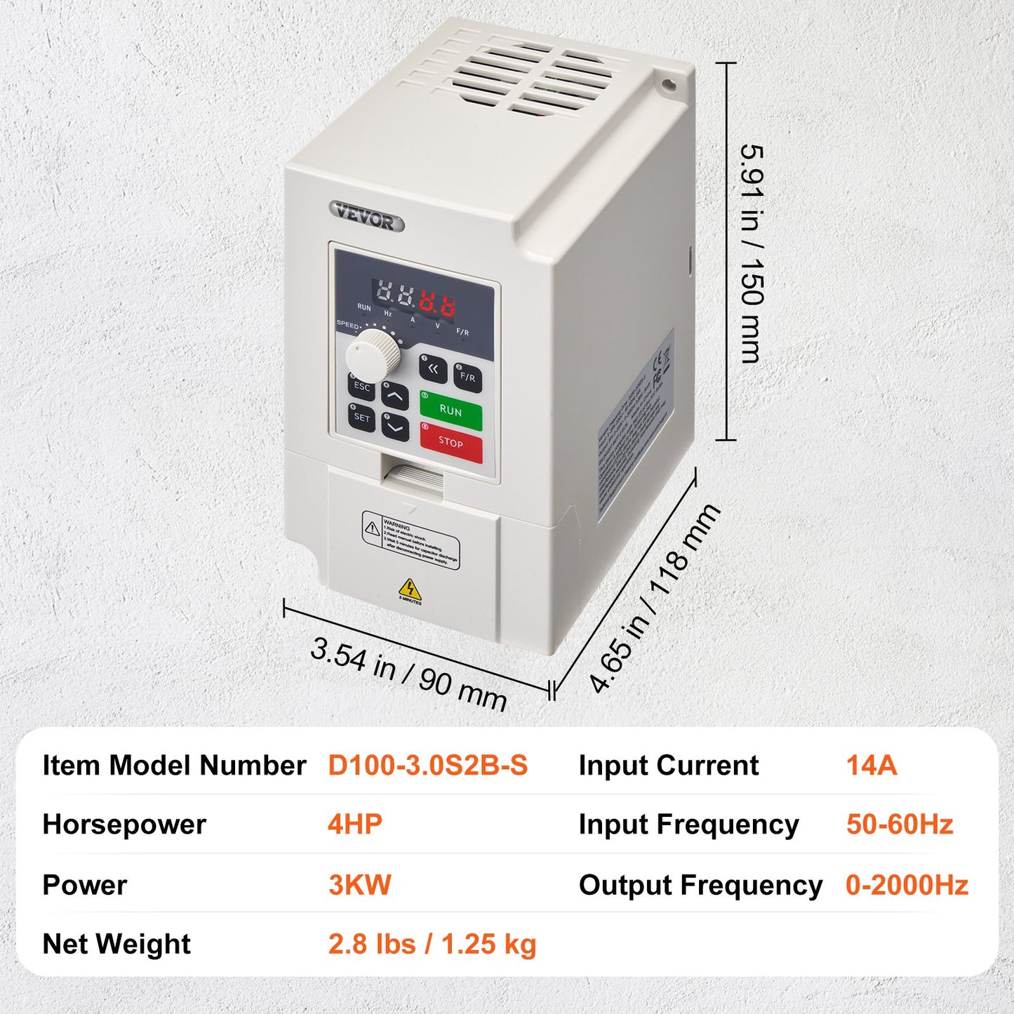 Frequenzumrichter 4 PS, 3 kW, 14 A, 1- oder 3-phasig, 220 V AC Eingang auf 3-phasig, 0–220 V AC Ausgang, 50/60 Hz Eingang, 0–2000 Hz Ausgang, zur Spindelmotor-Drehzahlregelung