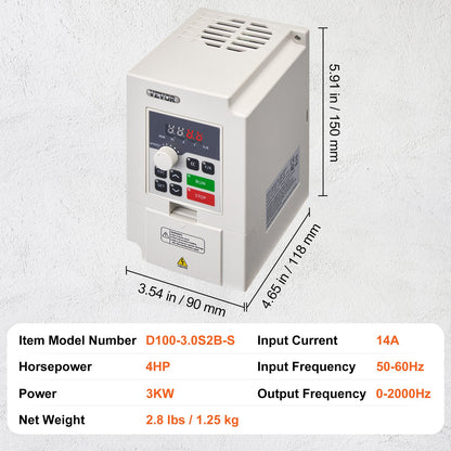 Frequenzumrichter 4 PS, 3 kW, 14 A, 1- oder 3-phasig, 220 V AC Eingang auf 3-phasig, 0–220 V AC Ausgang, 50/60 Hz Eingang, 0–2000 Hz Ausgang, zur Spindelmotor-Drehzahlregelung