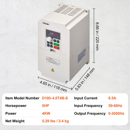 Frequenzumrichter 5 PS, 4 kW, 8,5 A, 3-phasig AC Eingang 380 V auf 3-phasig AC Ausgang 0–380 V, 50/60 Hz Eingang, 0–2000 Hz Ausgang, zur Spindelmotor-Drehzahlregelung