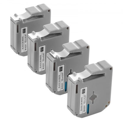 Etikettenband, 4er-Pack, 12 mm (0,47 Zoll) Schwarz auf Weiß, kompatibel mit verschiedenen Brother-Etikettendruckern, strapazierfähig und langlebig, wasserfest, Ersatz für Letra Tag M-K231