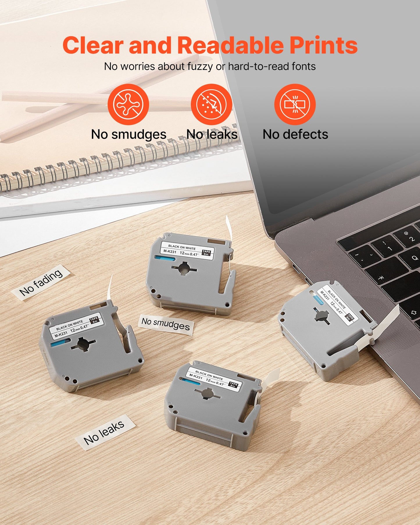 Etikettenband, 4er-Pack, 12 mm (0,47 Zoll) Schwarz auf Weiß, kompatibel mit verschiedenen Brother-Etikettendruckern, strapazierfähig und langlebig, wasserfest, Ersatz für Letra Tag M-K231