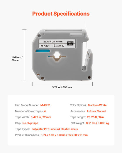 Etikettenband, 4er-Pack, 12 mm (0,47 Zoll) Schwarz auf Weiß, kompatibel mit verschiedenen Brother-Etikettendruckern, strapazierfähig und langlebig, wasserfest, Ersatz für Letra Tag M-K231
