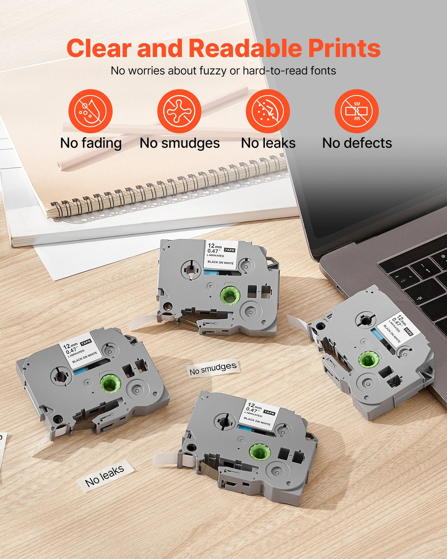 Etikettenband, 4er-Pack, 12 mm (0,47 Zoll), schwarz auf weiß, Nachfüllpackungen für verschiedene Brother P-Touch Etikettendrucker, strapazierfähig und langlebig, Ersatz für Letra Tag TZe-231
