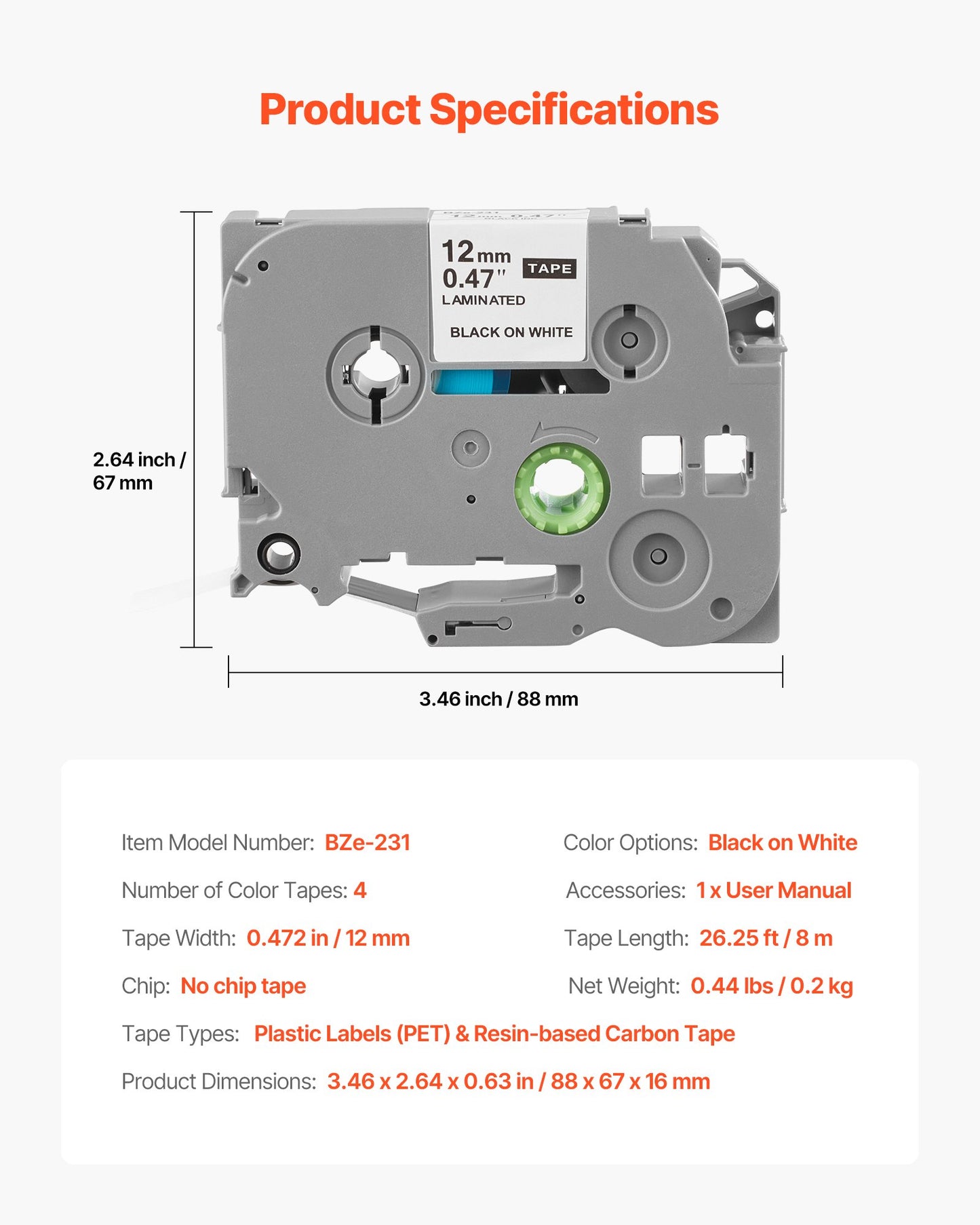 Etikettenband, 4er-Pack, 12 mm (0,47 Zoll), schwarz auf weiß, Nachfüllpackungen für verschiedene Brother P-Touch Etikettendrucker, strapazierfähig und langlebig, Ersatz für Letra Tag TZe-231
