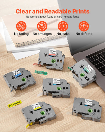 Etikettenband, 6er-Pack, 12 mm (0,47 Zoll), farbige Nachfüllpackungen für verschiedene Brother P-Touch-Geräte, Ersatz für Letra Tag TZe-131, TZe-231, TZe-431, TZe-531, TZe-631 und TZe-731