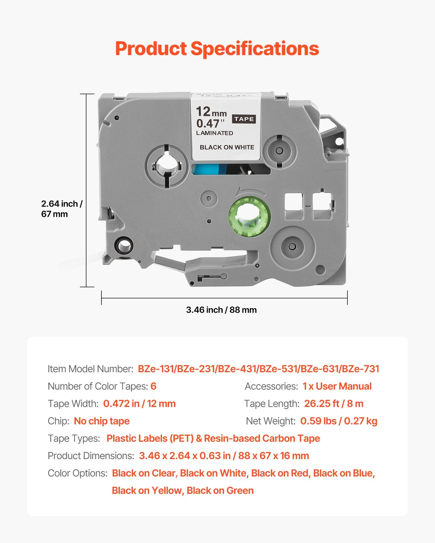 Etikettenband, 6er-Pack, 12 mm (0,47 Zoll), farbige Nachfüllpackungen für verschiedene Brother P-Touch-Geräte, Ersatz für Letra Tag TZe-131, TZe-231, TZe-431, TZe-531, TZe-631 und TZe-731