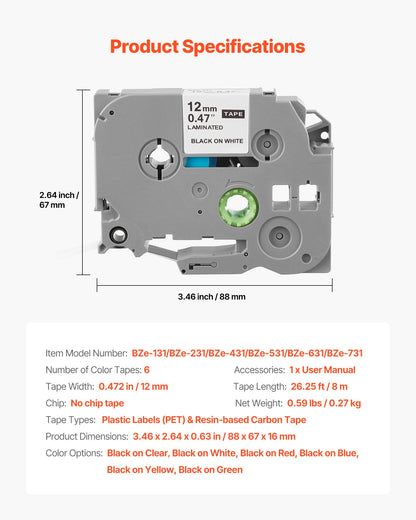 Etikettenband, 6er-Pack, 12 mm (0,47 Zoll), farbige Nachfüllpackungen für verschiedene Brother P-Touch-Geräte, Ersatz für Letra Tag TZe-131, TZe-231, TZe-431, TZe-531, TZe-631 und TZe-731