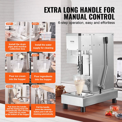 Eismaschine, 750 W Hochleistungs-Eisbereiter mit Rührfunktion (1740 U/min), Edelstahl 304, langer Griff + Schutzabdeckung aus Polycarbonat, individuell anpassbar für jede Eissorte