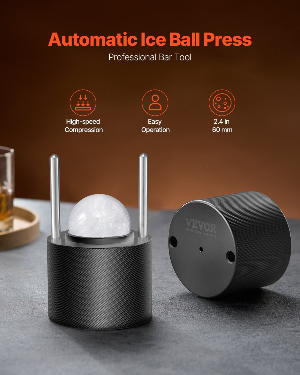 Eisballpress-Set, Eispresse aus Flugzeugaluminium mit Eisblockform, großer Matte, Zange, Abtropfschale, einem Glas, runder Eisballformer (60 mm Eiskugeln), ideal für Whisky, Cocktails, Partys und Feiertage