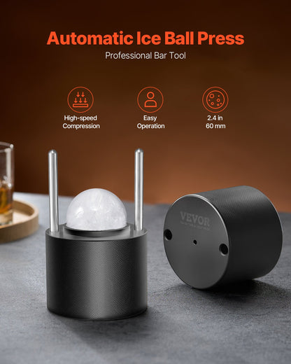 Eisballpress-Set, Eispresse aus Flugzeugaluminium mit Eisblockform, großer Matte, Zange, Abtropfschale, einem Glas, runder Eisballformer (60 mm Eiskugeln), ideal für Whisky, Cocktails, Partys und Feiertage