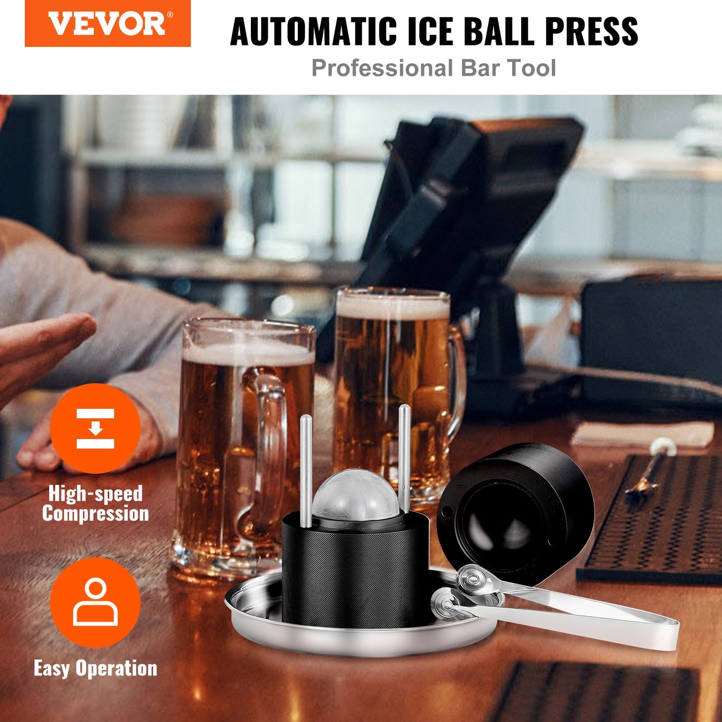 Eisballpresse, 60-mm-Eiskugelformer, Eisballpress-Set aus Flugzeugaluminiumlegierung für 60-mm-Eiskugeln, Eispresse mit Zange und Abtropfschale, für Whisky, Cocktails, Bourbon, Scotch auf Partys und im Urlaub, Schwarz