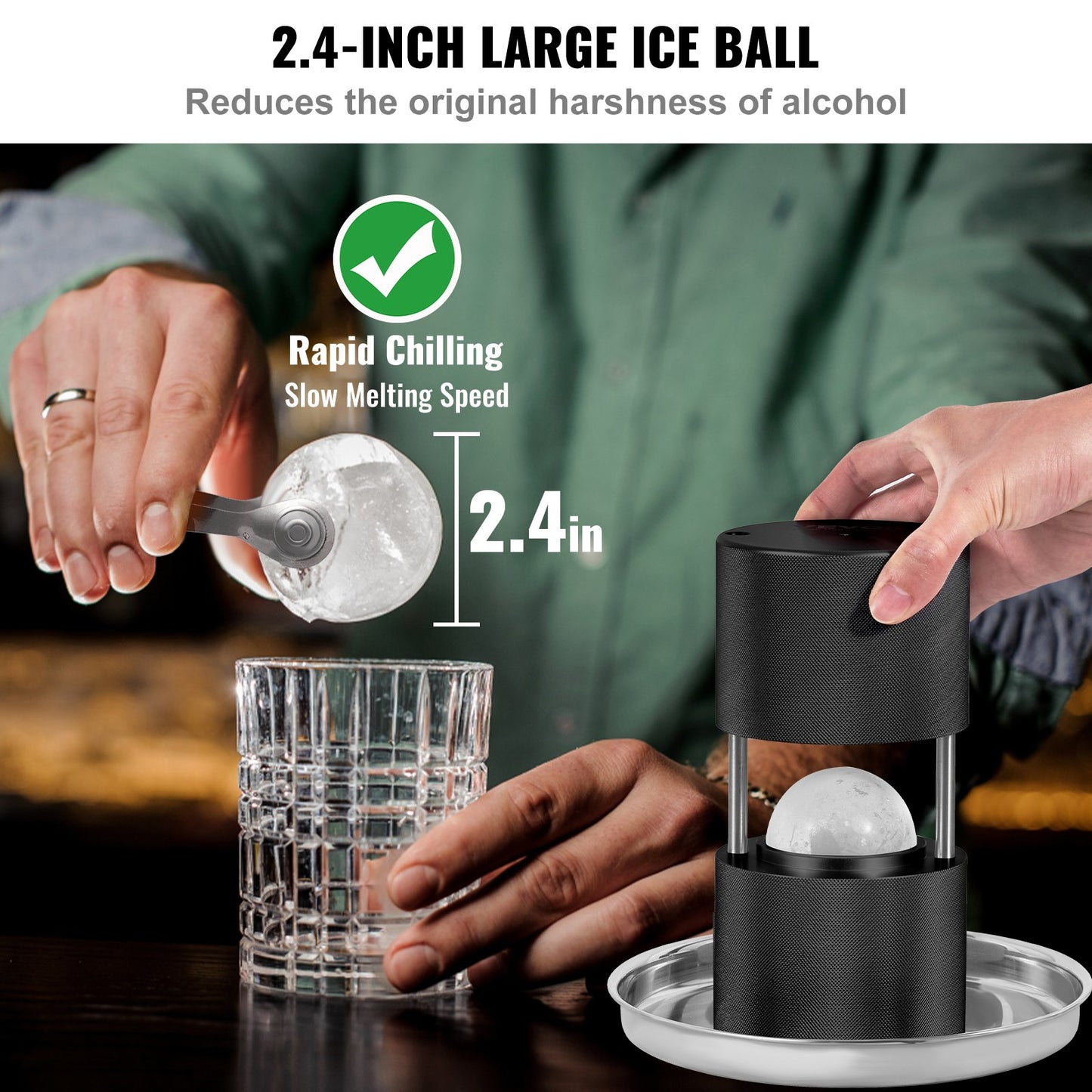 Eisballpresse, 60-mm-Eiskugelformer, Eisballpress-Set aus Flugzeugaluminiumlegierung für 60-mm-Eiskugeln, Eispresse mit Zange und Abtropfschale, für Whisky, Cocktails, Bourbon, Scotch auf Partys und im Urlaub, Schwarz