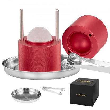 Eisballpresse, 60-mm-Eisballformer, Eisballpress-Set aus Flugzeugaluminiumlegierung für 60-mm-Eiskugeln, Eispresse mit Zange und Abtropfschale, für Whisky, Cocktails, Bourbon, Scotch auf Partys und im Urlaub, Rot