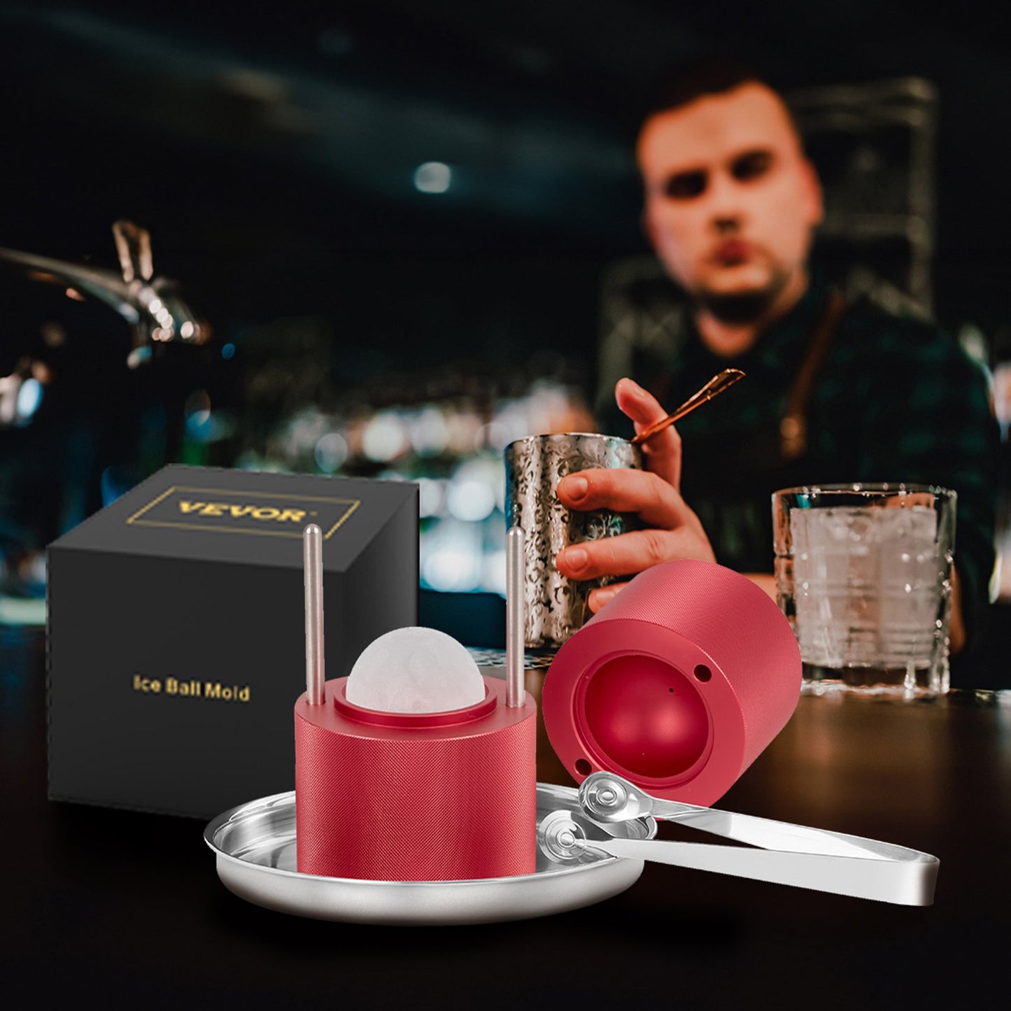 Eisballpresse, 60-mm-Eisballformer, Eisballpress-Set aus Flugzeugaluminiumlegierung für 60-mm-Eiskugeln, Eispresse mit Zange und Abtropfschale, für Whisky, Cocktails, Bourbon, Scotch auf Partys und im Urlaub, Rot