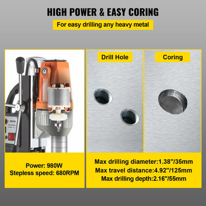 Magnetic Drill 220V-240V Magnetic Drilling Machine 980W, Metal Drill Press High Power 680 rpm, Multi-Function Metal Drill Press 35MM Core Drilling Machine for Drilling And Tapping