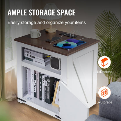 Farmhouse End Table, Square Night Stand with USB Ports and Outlets, 3 Tiers End Table Side Table with Storage Cabinet, Ideal for Living Room, Bedroom, Office, White