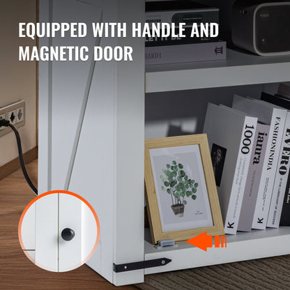 Farmhouse End Table, Square Night Stand with USB Ports and Outlets, 3 Tiers End Table Side Table with Storage Cabinet, Ideal for Living Room, Bedroom, Office, White