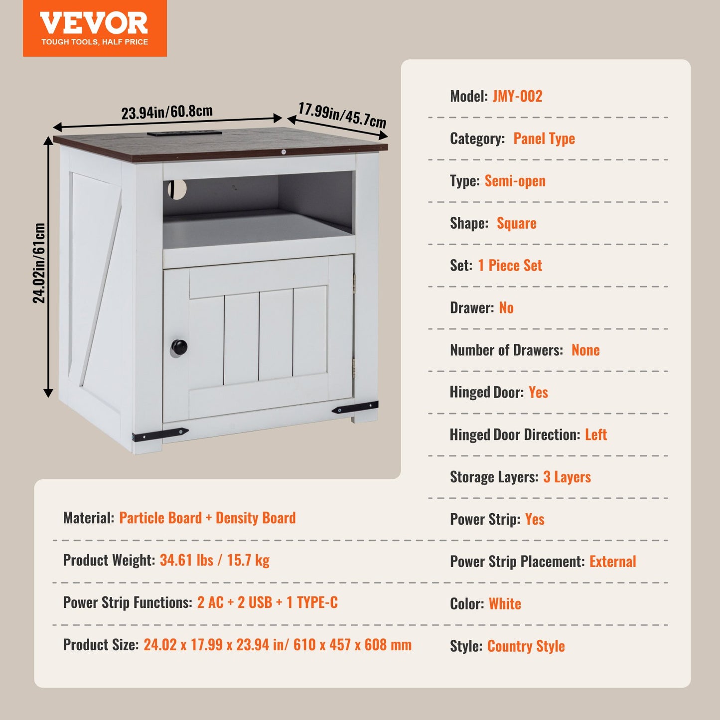 Farmhouse End Table, Square Night Stand with USB Ports and Outlets, 3 Tiers End Table Side Table with Storage Cabinet, Ideal for Living Room, Bedroom, Office, White