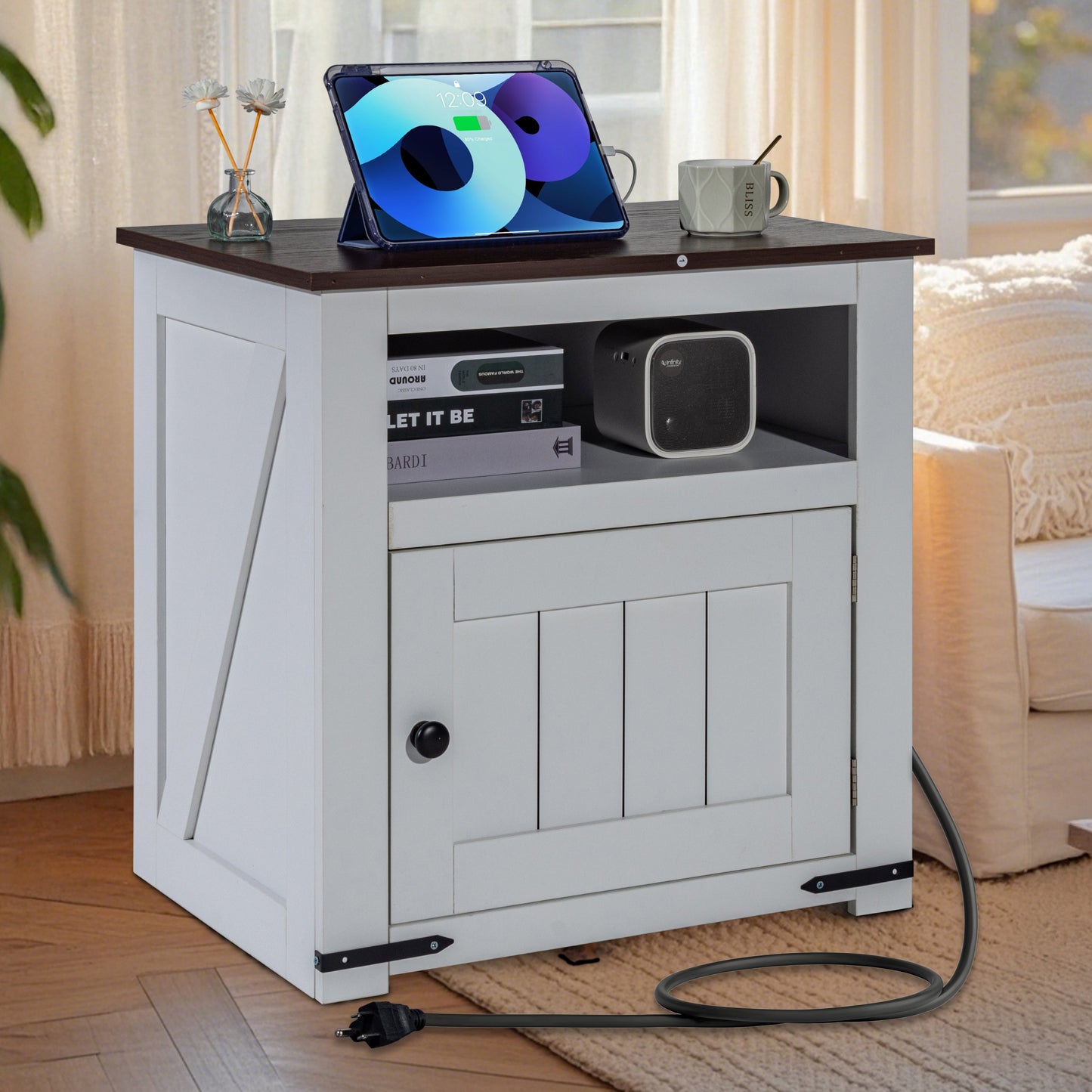 Farmhouse End Table, Square Night Stand with USB Ports and Outlets, 3 Tiers End Table Side Table with Storage Cabinet, Ideal for Living Room, Bedroom, Office, White