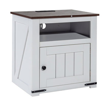 Farmhouse End Table, Square Night Stand with USB Ports and Outlets, 3 Tiers End Table Side Table with Storage Cabinet, Ideal for Living Room, Bedroom, Office, White