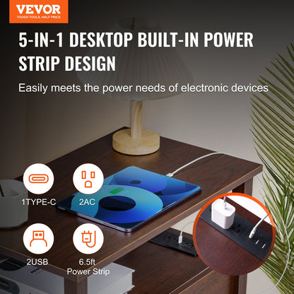 Beistelltisch im Landhausstil, schmaler Nachttisch mit USB-Anschlüssen und Steckdosen, 4-stufiger Beistelltisch mit Staufach und 2 Schubladen, ideal für Wohnzimmer, Schlafzimmer und Büro, braun