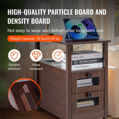 Beistelltisch im Landhausstil, schmaler Nachttisch mit USB-Anschlüssen und Steckdosen, 4-stufiger Beistelltisch mit Staufach und 2 Schubladen, ideal für Wohnzimmer, Schlafzimmer und Büro, braun