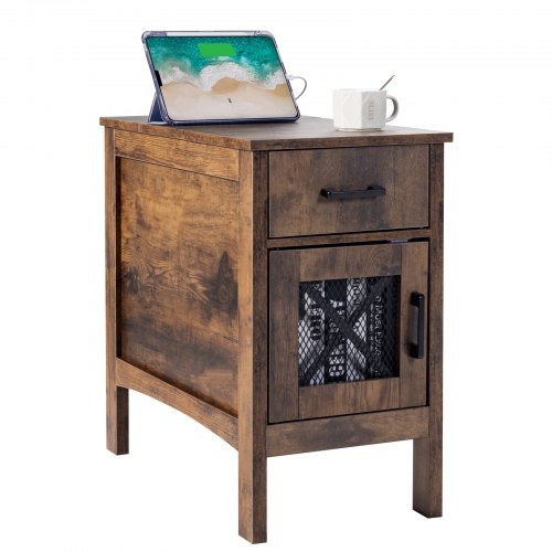 Farmhouse End Table, Night Stand with USB Ports and Outlets, 3 Tiers End Table Side Table with Storage Cabinet and 1 Drawer, Ideal for Living Room, Bedroom, Office, Burlywood