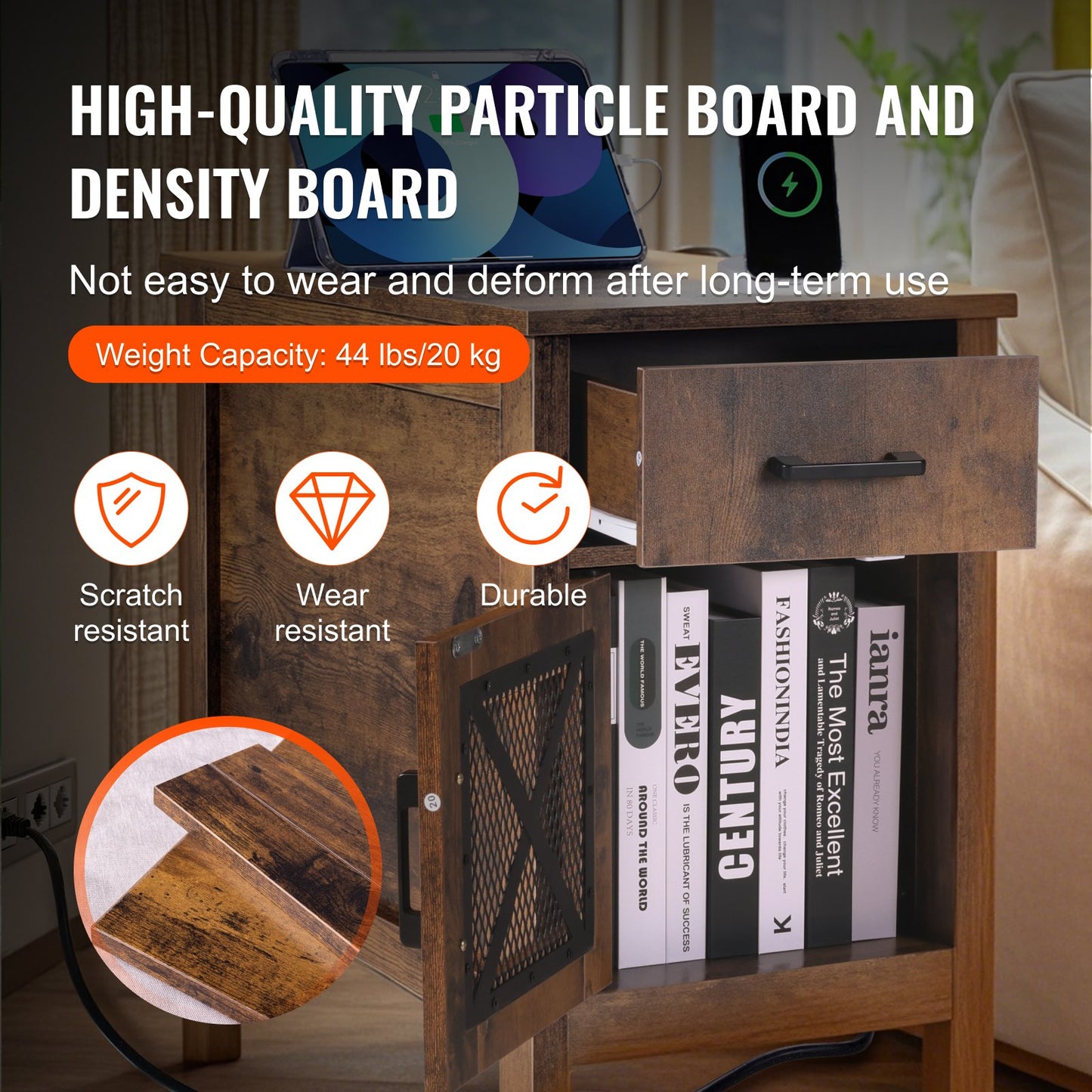 Farmhouse End Table, Night Stand with USB Ports and Outlets, 3 Tiers End Table Side Table with Storage Cabinet and 1 Drawer, Ideal for Living Room, Bedroom, Office, Burlywood