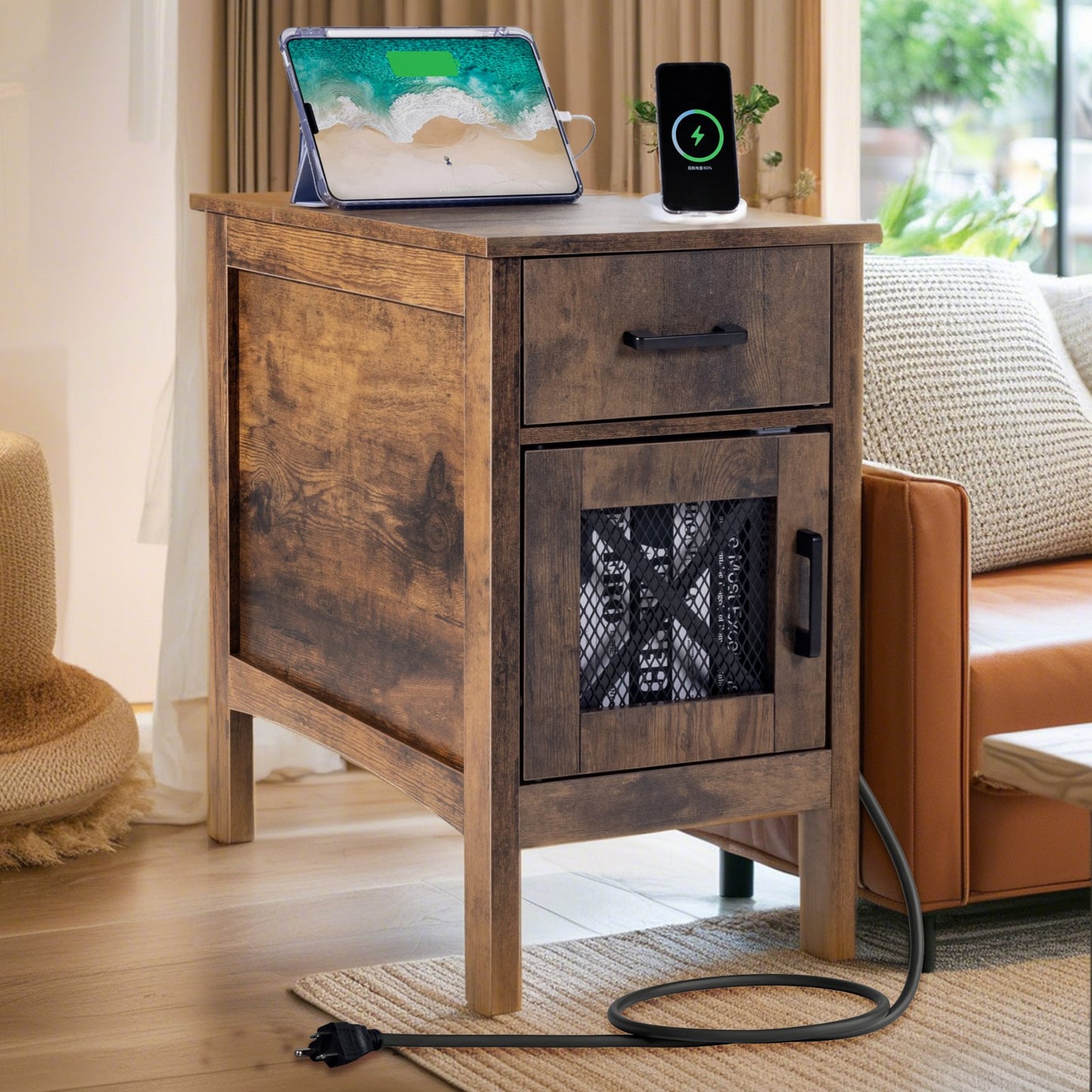 Farmhouse End Table, Night Stand with USB Ports and Outlets, 3 Tiers End Table Side Table with Storage Cabinet and 1 Drawer, Ideal for Living Room, Bedroom, Office, Burlywood